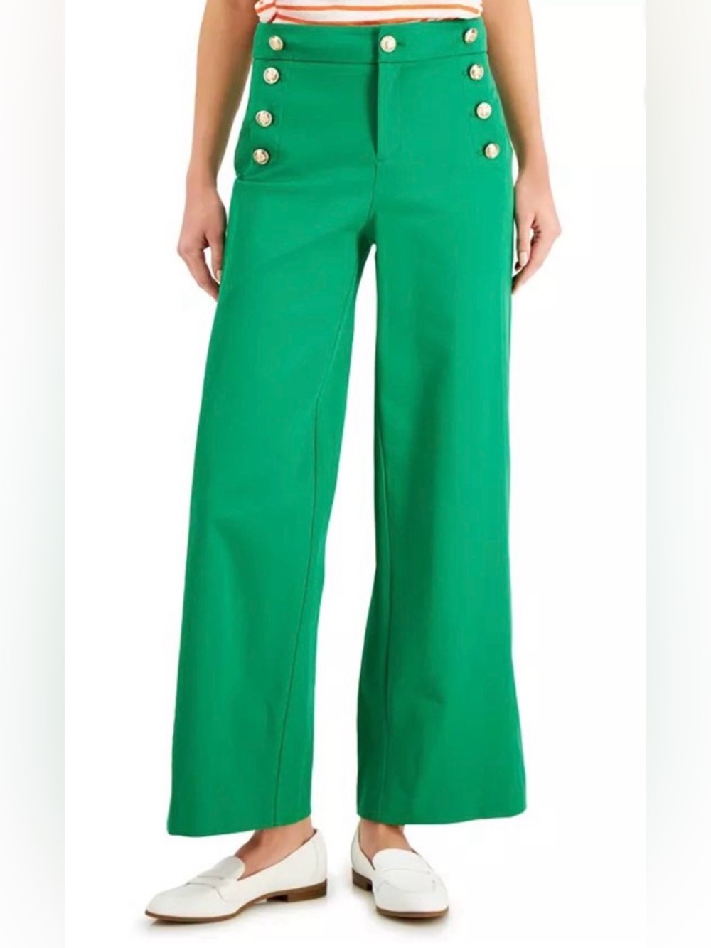 Charter Club Emerald Green Wide-Leg Sailor Pants with Gold Buttons